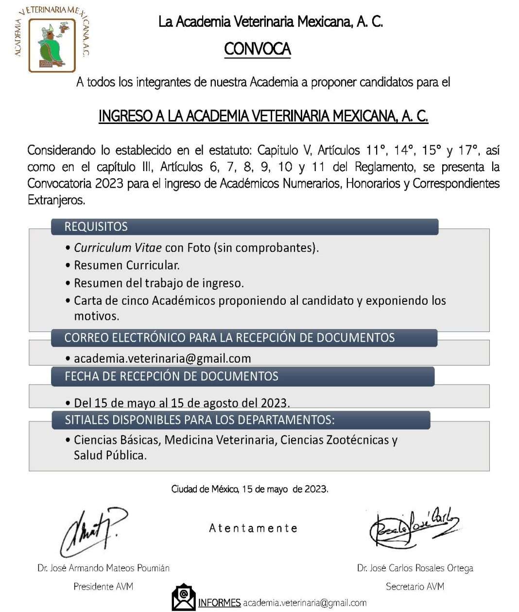 CONVOCATORIA DE INGRESO AVM 2023