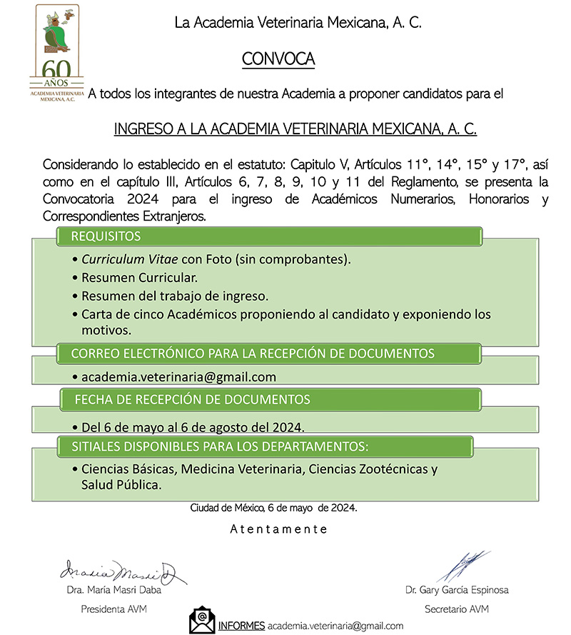 Convocatoria 2024 para el ingreso de Académicos Numerarios, Honorarios y Correspondientes Extranjeros en la Academia Veterinaria Mexicana, A.C.