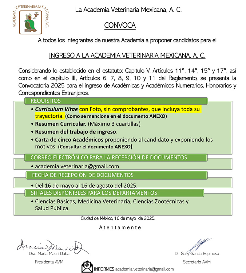 Convocatoria 2025 para el ingreso de Académicos Numerarios, Honorarios y Correspondientes Extranjeros en la Academia Veterinaria Mexicana, A.C.